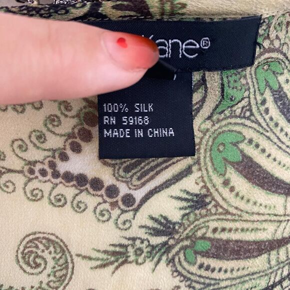 Early 2000's Fairy Grunge Whimsical Silk Green Brown Paisley Flowy Blouse Top L - Picture 7 of 7